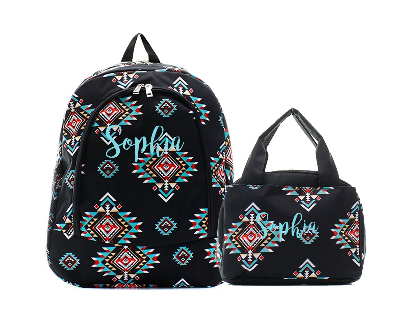 Black Aztec Southwest backpack and lunch bag