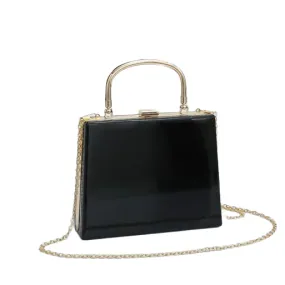 Elegant Black Patent Handbag with Gold Clasp and Chain-Link Shoulder Strap