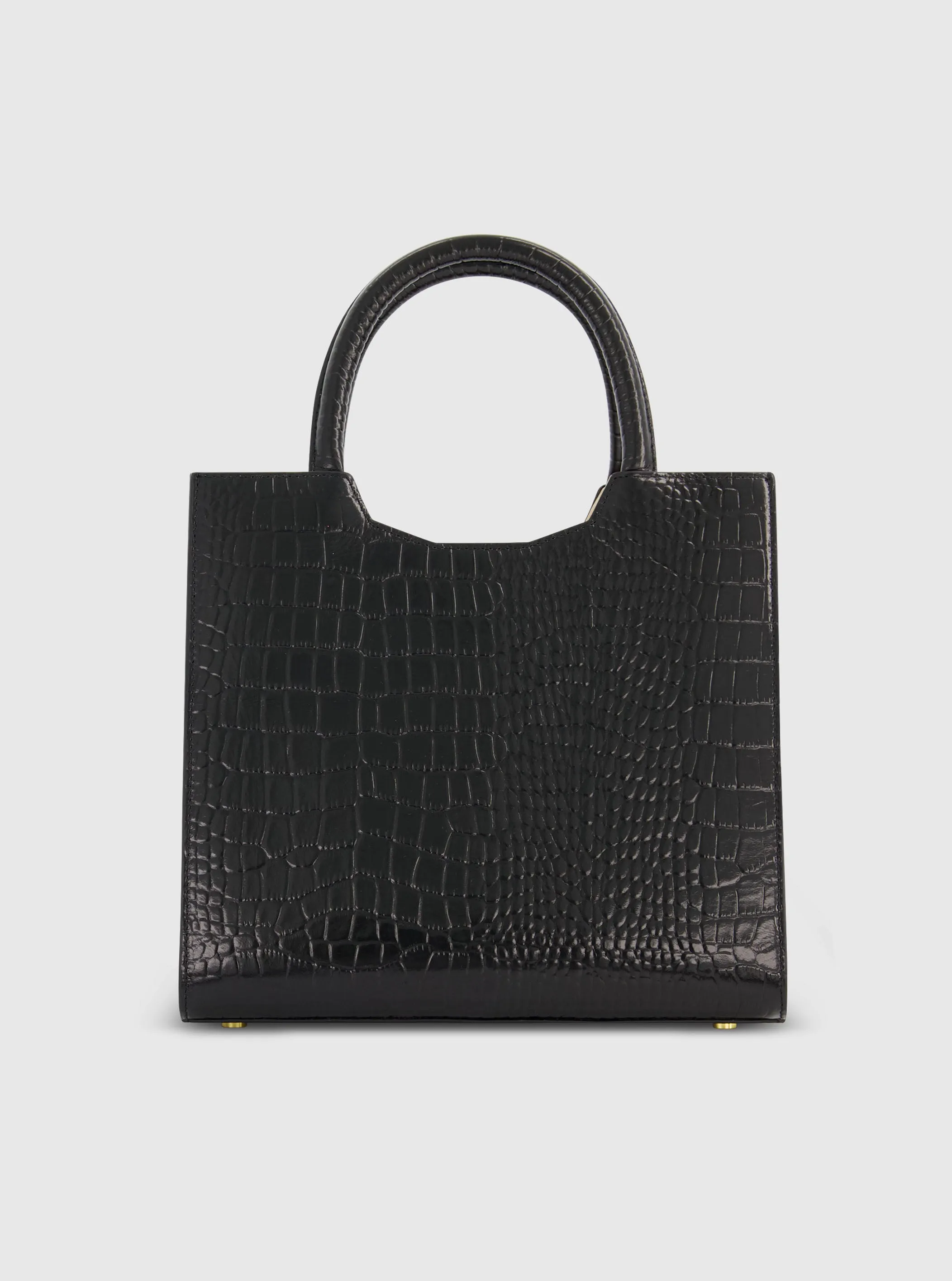 Buckled Medium Croco Black Leather Tote Bag with Detachable Strap