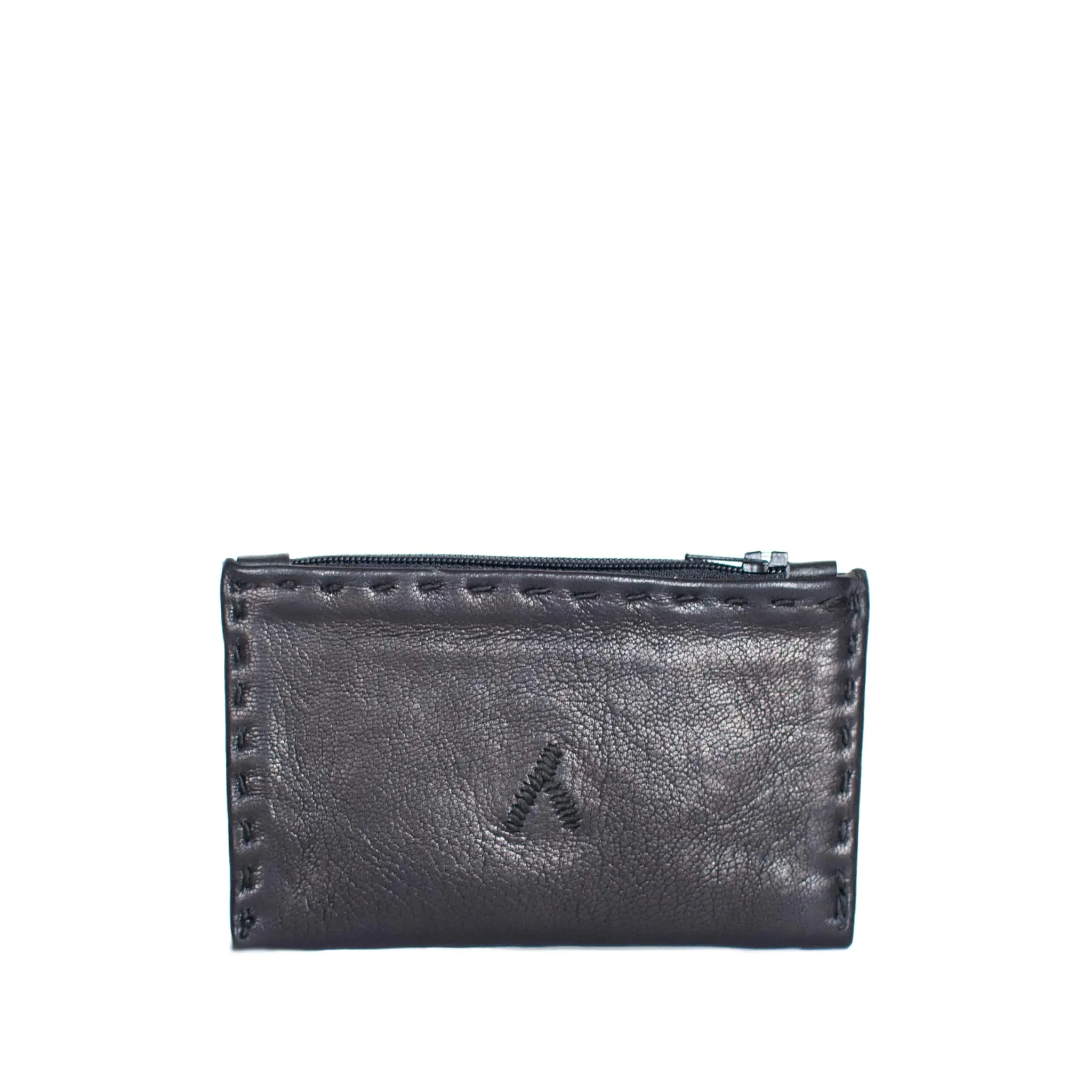 Embroidered Leather Coin Wallet in Black