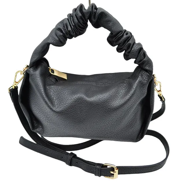 Faux Leather Ruched Top Handle Hobo Crossbody Bag