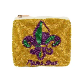 Fleur de Lis Mardi Gras Message Seed Beaded Mini Pouch Bag