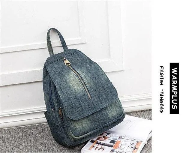 Handmade Blue Denim Canvas Casual 20 to 35 Litre Backpack