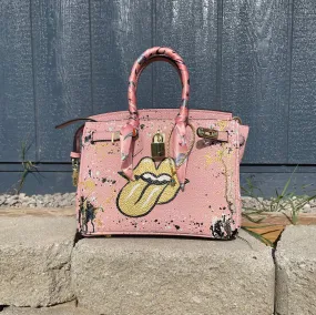 Handpainted Leather/Gold Lips Handbag Small