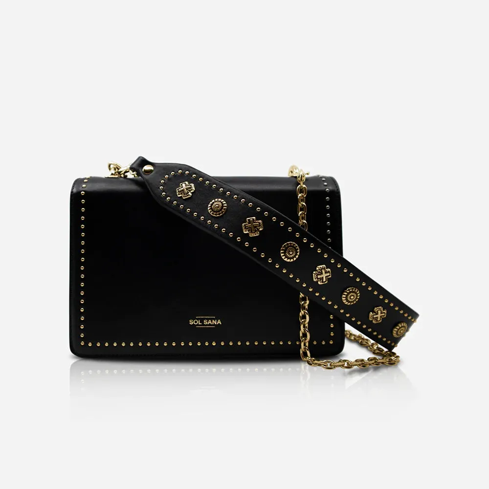 Leather Flap Bag Studded - Black / Gold