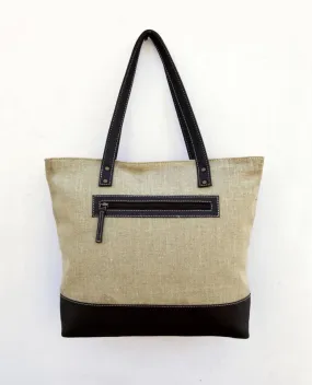 Linen and faux leather tote bag, natural with brown, classic everyday bag.