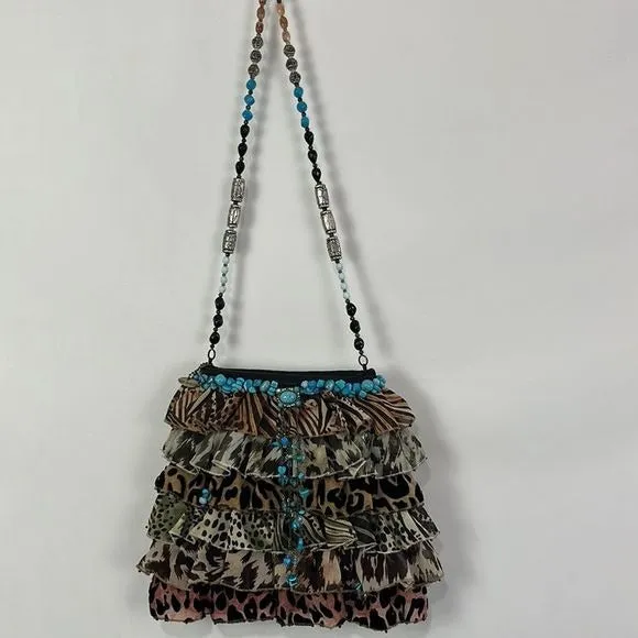 MaryFrances Animal Print Ruffle Bag with Turquoise Trim