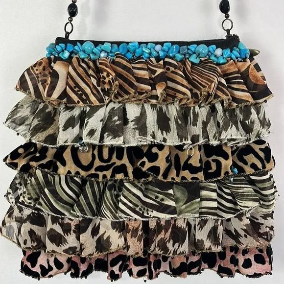 MaryFrances Animal Print Ruffle Bag with Turquoise Trim