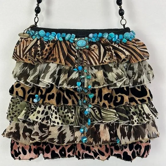 MaryFrances Animal Print Ruffle Bag with Turquoise Trim