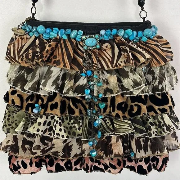 MaryFrances Animal Print Ruffle Bag with Turquoise Trim