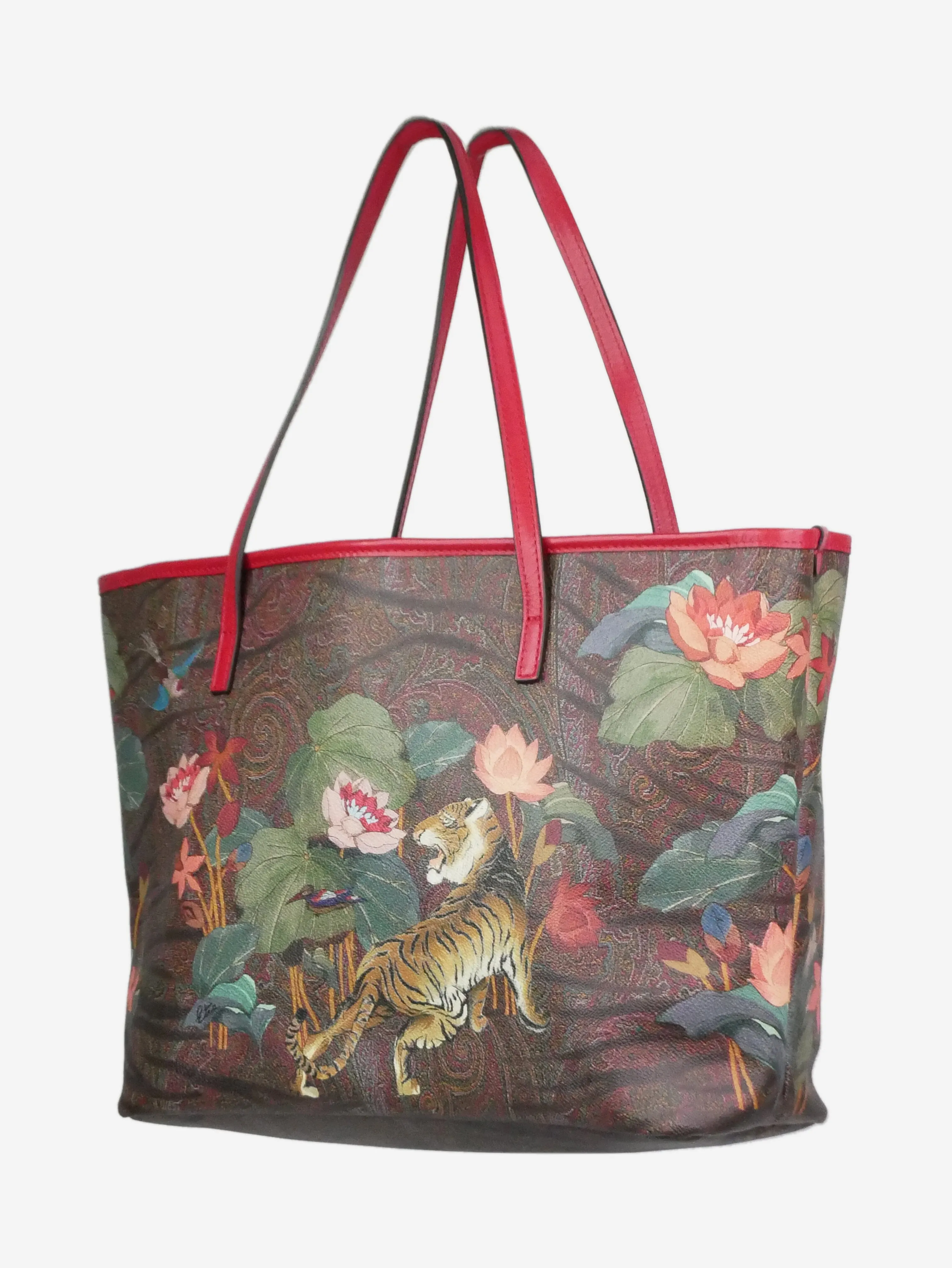 Multicolour tiger and water lily printed tote bag