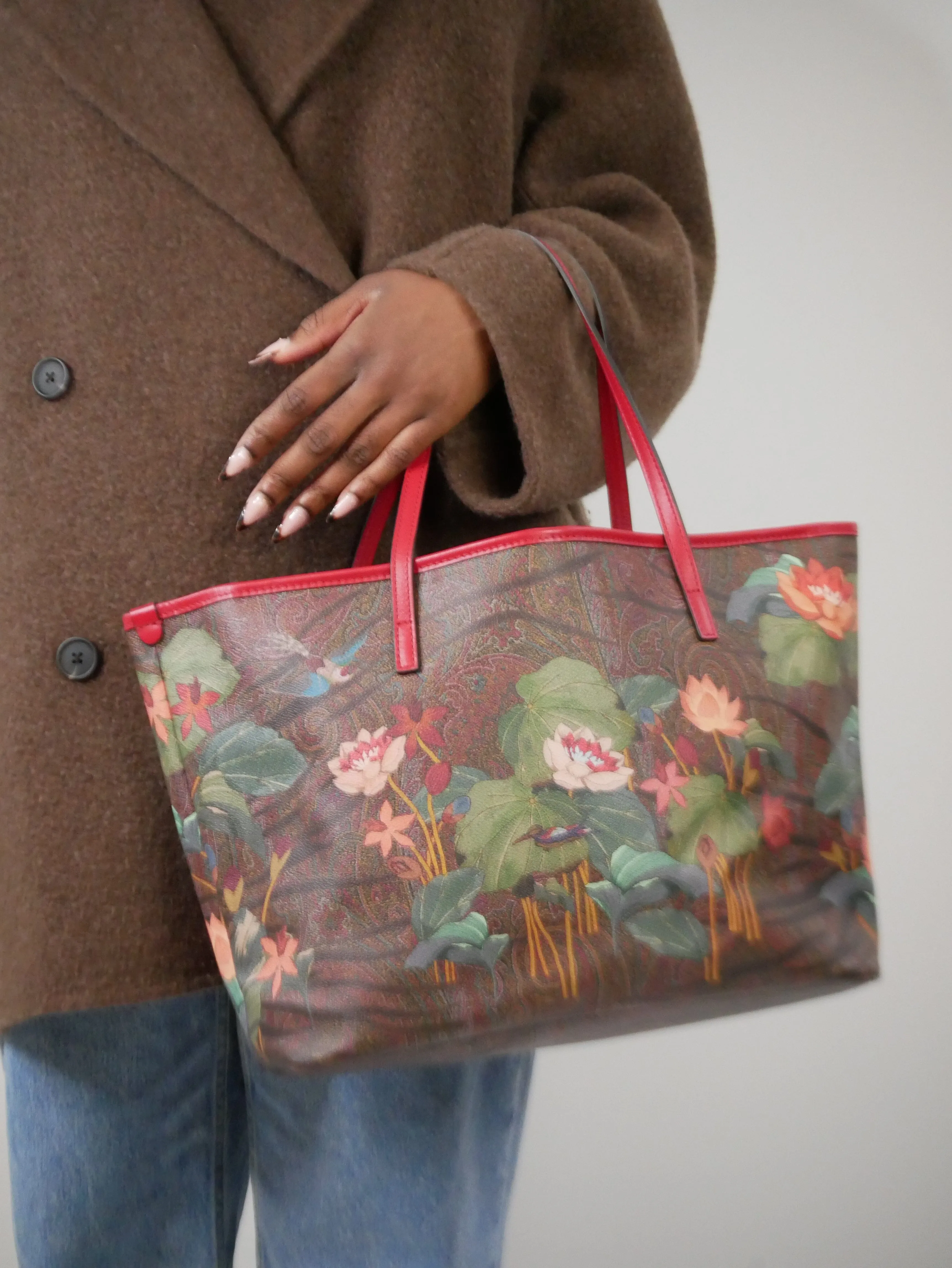 Multicolour tiger and water lily printed tote bag