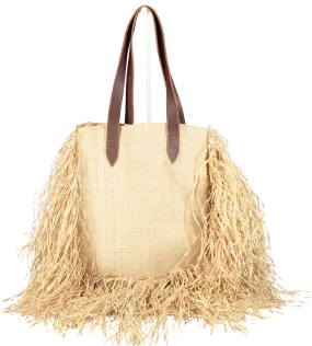 Nannacay Beige Raffia Fringed Tote Bag