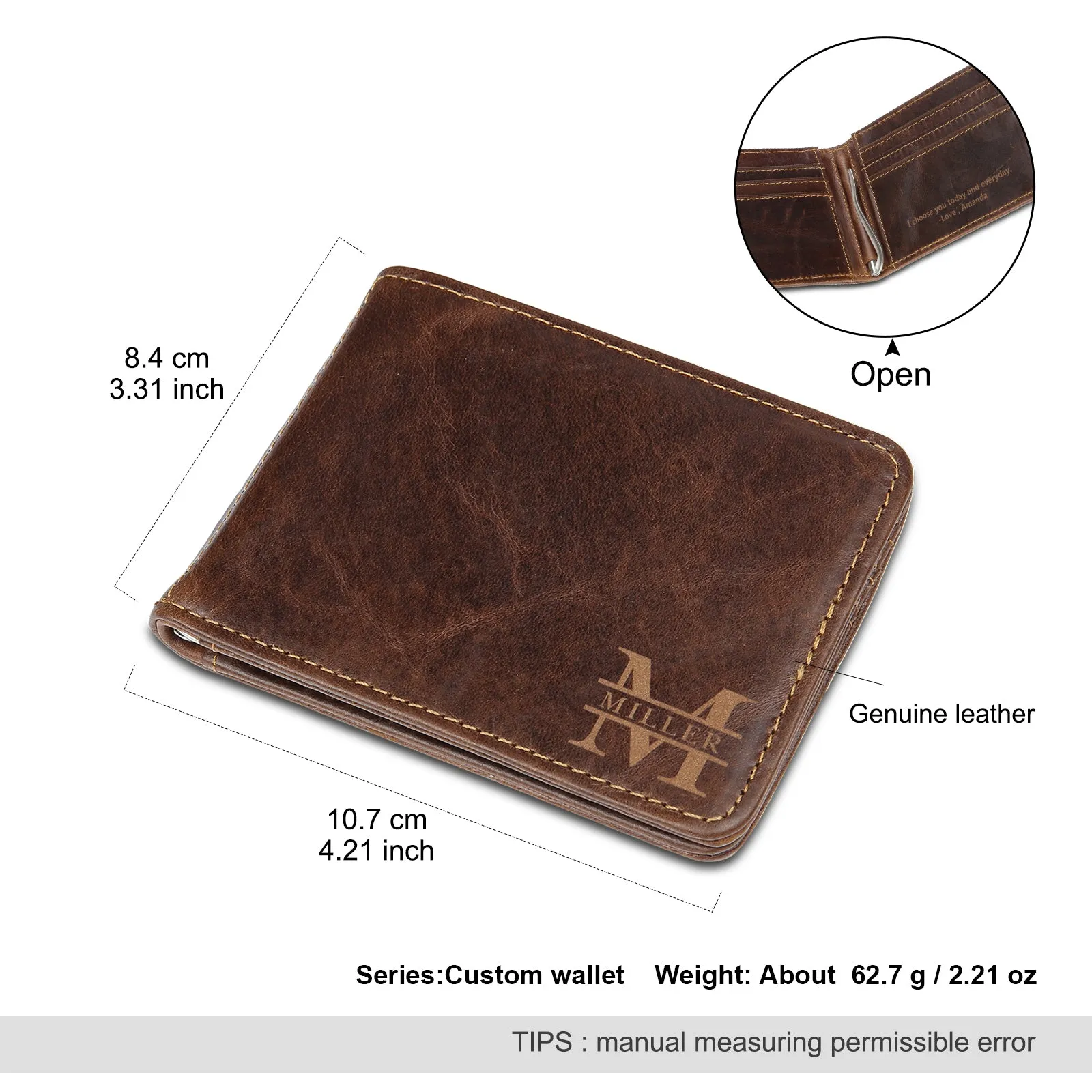 Personalized Men's Leather Bi-fold Wallet Card Holder Monogram and Name