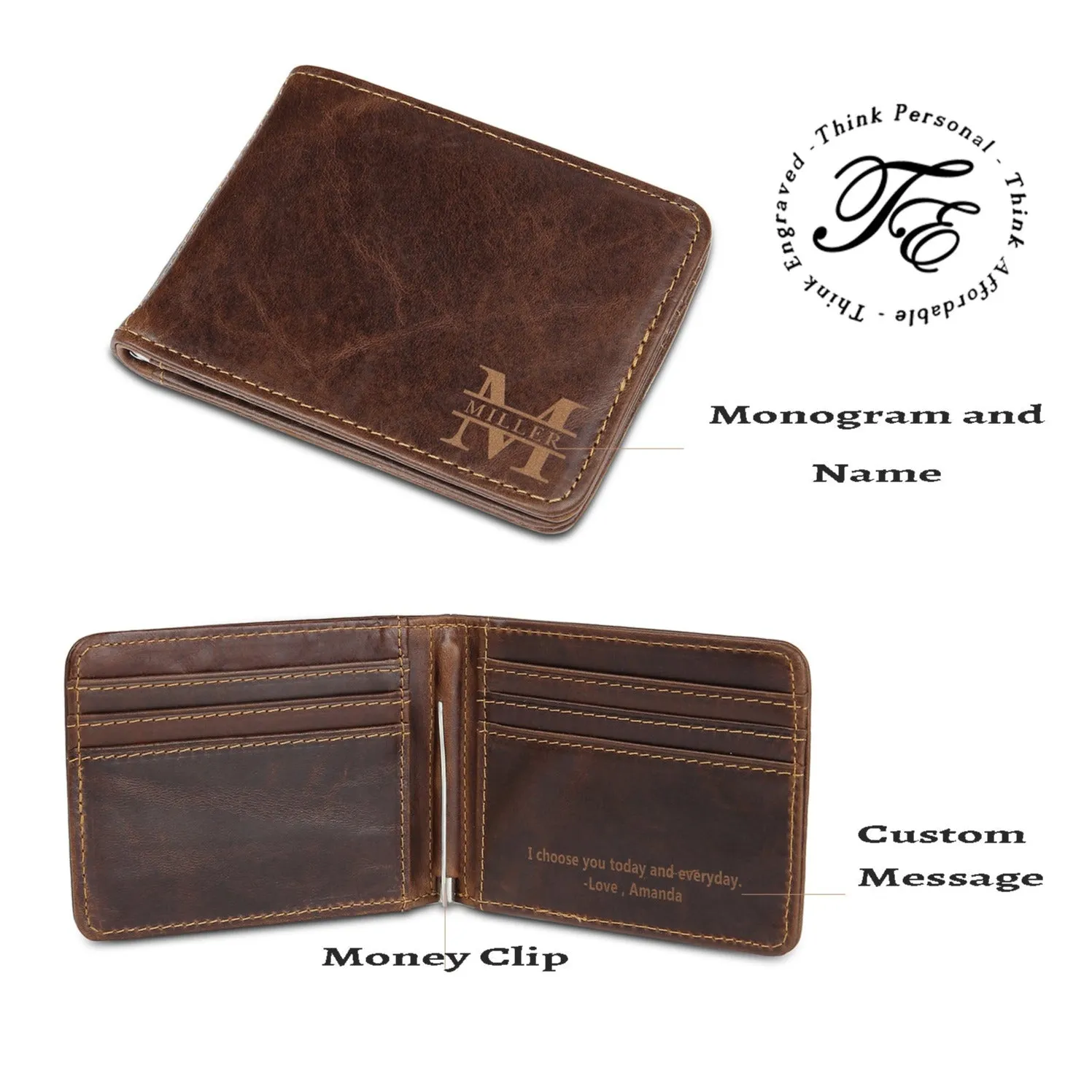 Personalized Men's Leather Bi-fold Wallet Card Holder Monogram and Name