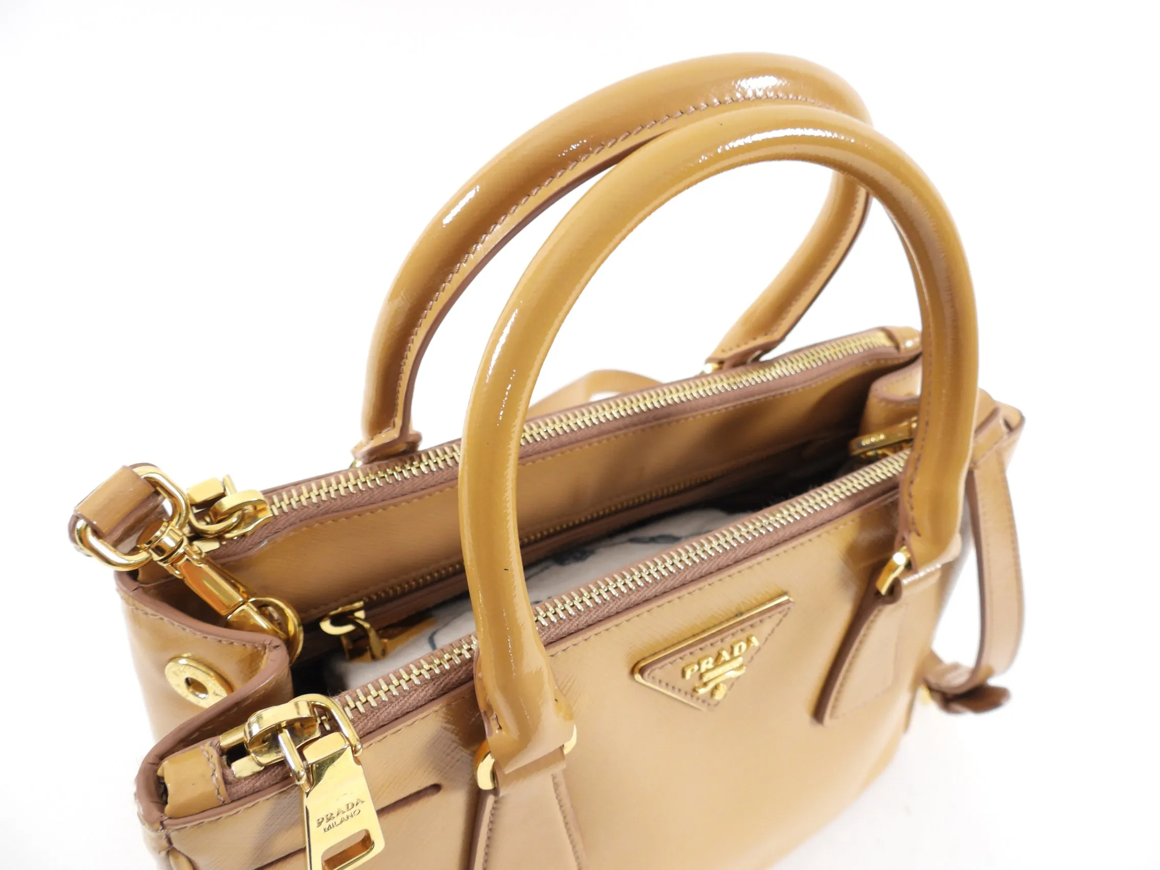 Prada Caramel Small Patent Leather Galleria Two-Way Tote Bag