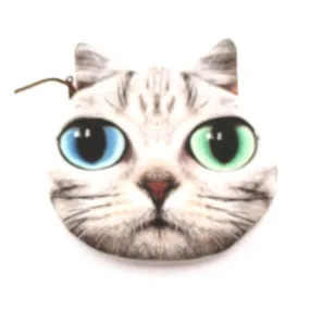 Tabby Cat Face With Blue and Green Eyes Shaped Coin Purse Make Up Bag