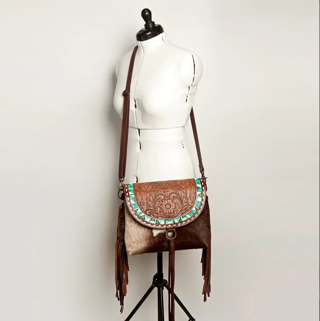 Tooled Cowhide with Turquoise Aztec Print Purse