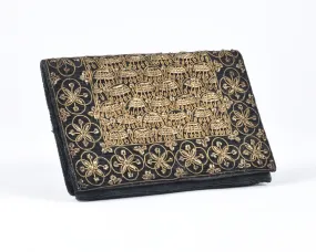 Vintage Beaded Purse-Black Corduroy Clutch Bag-Bronze Gold Beads and Trim-Made in India