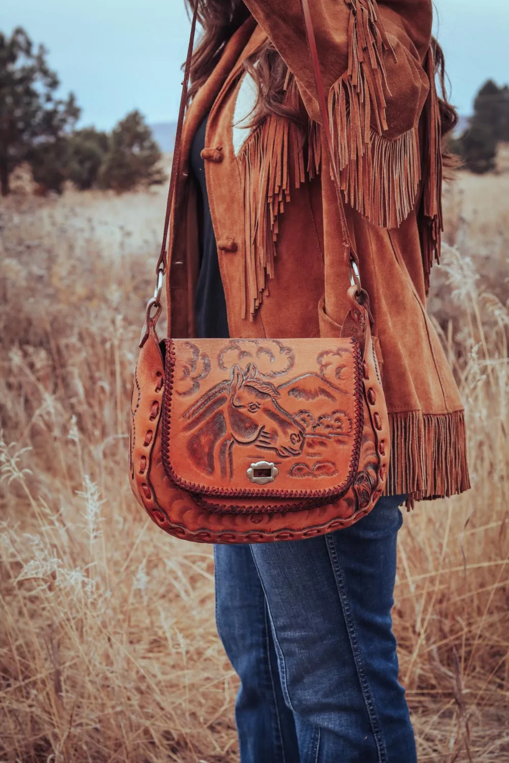 Vintage Tooled Leather Western Boho Horse Purse