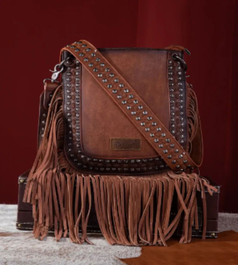 Wrangler Rivet & Fringes Crossbody Handbag Brown